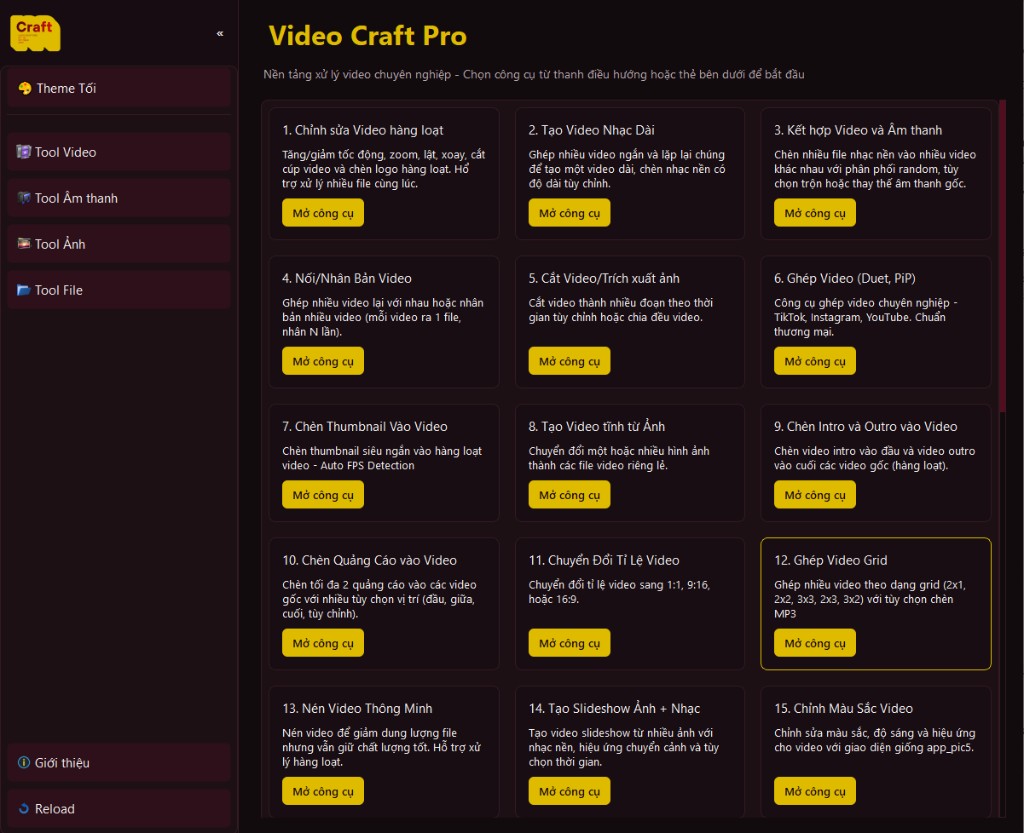 Giao diện ứng dụng Video Craft Pro với 31 công cụ